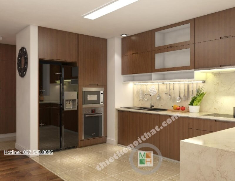 Với sự phân chia hợp lí và khoa học, tủ bếp hiện đại giúp cho người nội trợ dễ dàng nấu nướng nhanh chóng hơn Tủ bếp gỗ công nghiệp