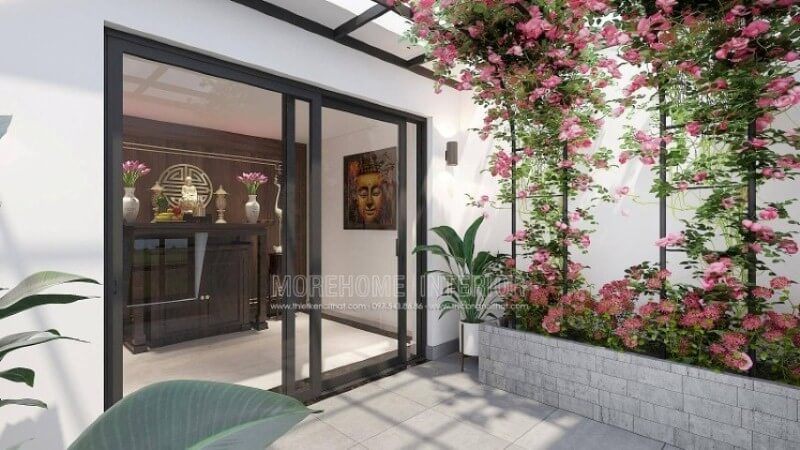 Morehome xin giới thiệu ý tưởng thiết kế phòng thờ thờ Phật Quan Âm trên đây với tủ thờ bằng gỗ óc chó cao cấp kết hợp cùng tấm gỗ ốp tường với trọng tâm chữ Thọ tạo điểm tinh tế có phía trước hướng ra vườn hoa tuyệt đẹp sẽ là gợi ý lý tưởng cho không gian nhà phố, biệt thự.