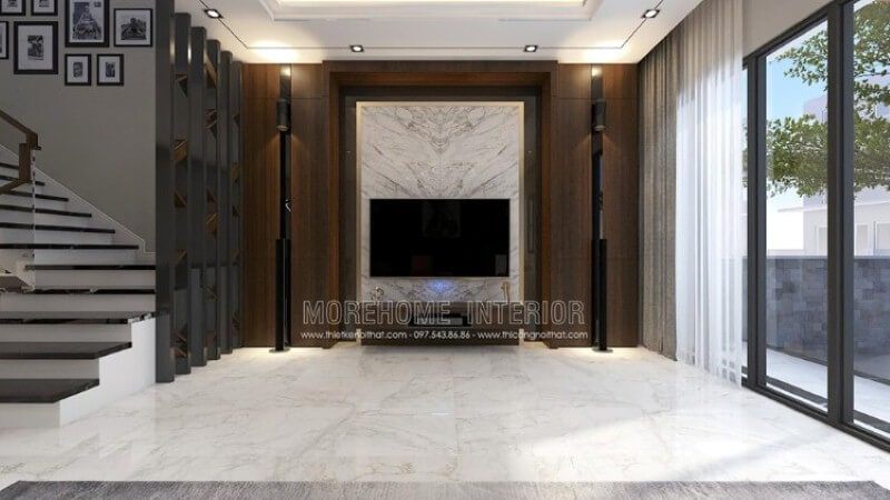 Mẫu đá đối vân ốp tường phòng khách đẹp độc đáo ấn tượng cho các mẫu biệt thự, nhà phố hiện đại.