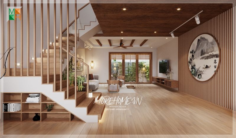 Cầu thang gỗ kính hiện đại mang lại vẻ đẹp rộng rãi, tạo nên không gian thoáng mát và thẩm mỹ cao.