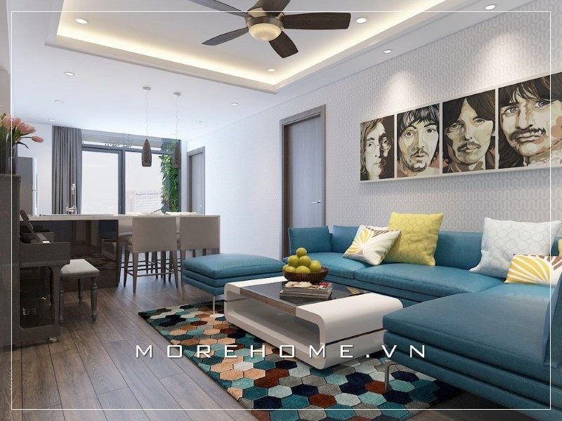 Sofa màu xanh êm ái làm nổi bật không gian và giúp tô điểm thêm điểm nhấn.